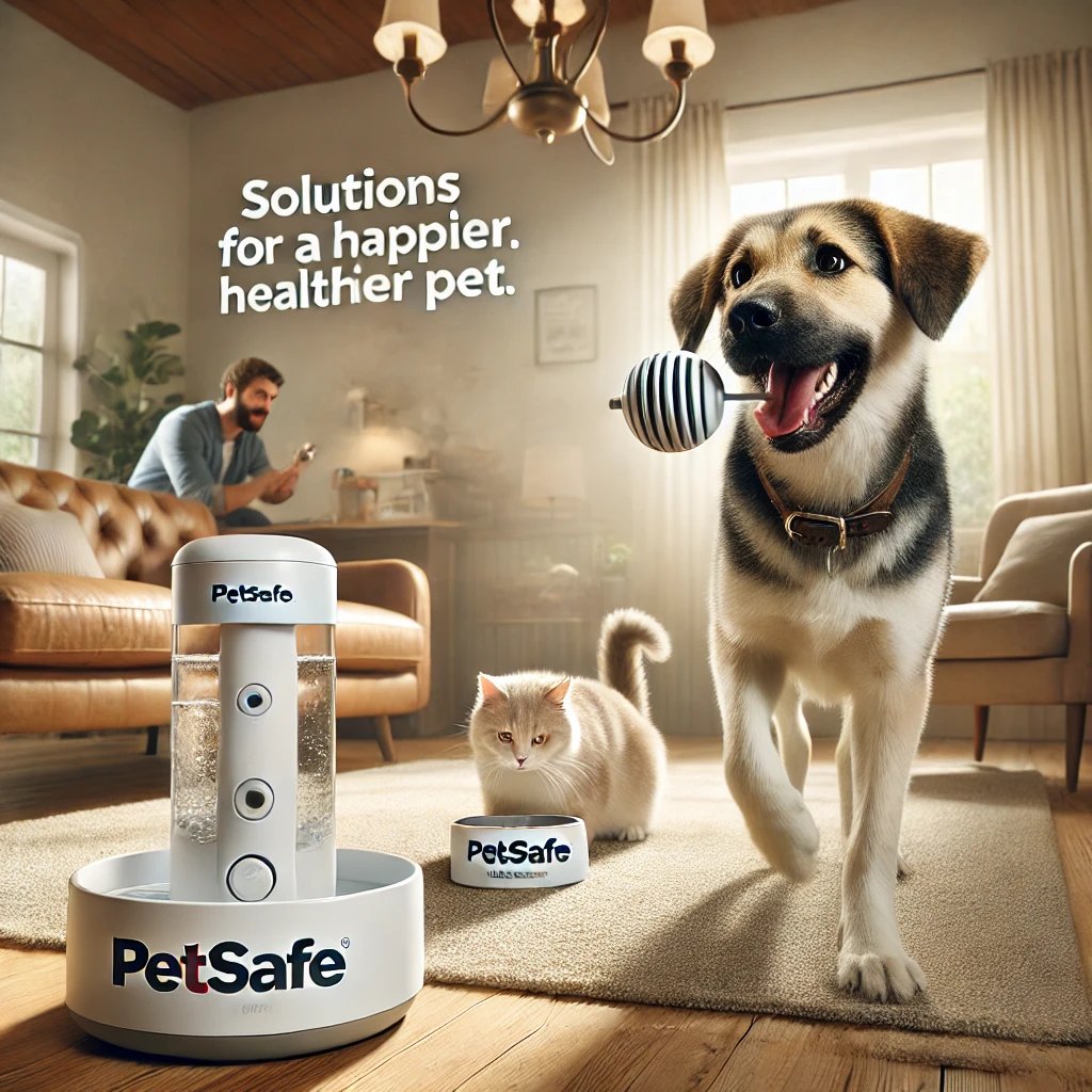 An advertisement-style image for PetSafe, showcasing a cheerful dog and cat in a cozy living room setting. The dog is playing with a PetSafe interactive toy, while the cat drinks water from a sleek PetSafe water fountain. The room is bright and welcoming, with natural light streaming in, emphasizing the safety and comfort these products bring to pets. Subtle branding in the corner reads 'PetSafe: Solutions for a Happier, Healthier Pet.' The overall vibe is warm, inviting, and family-oriented.