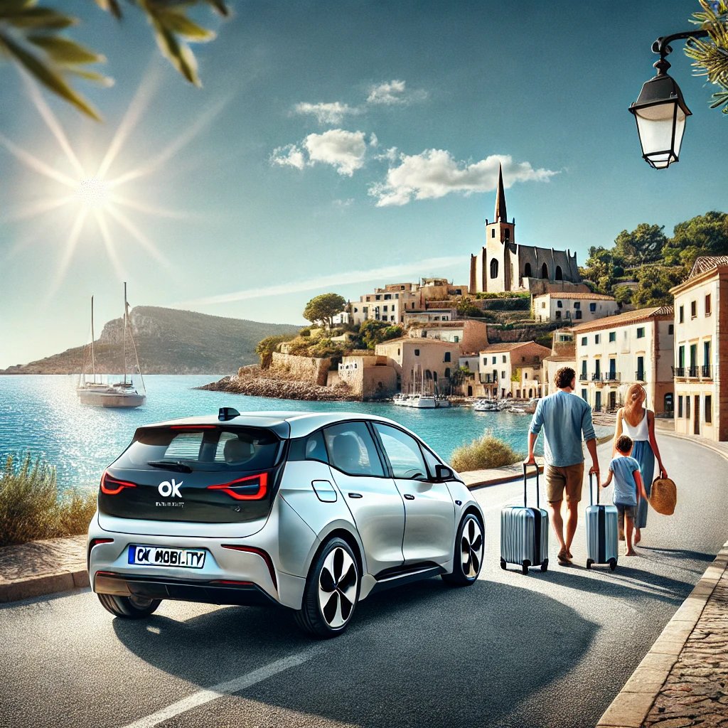 A professional advertisement-style image for OK Mobility showcasing their car rental and mobility services. The scene features a sleek modern car parked in a picturesque European location, such as a coastal road in Mallorca, with bright sunlight and clear blue skies. The car is an eco-friendly hybrid or electric model, symbolizing sustainability. A family of travelers is shown unloading luggage, exuding happiness and freedom. A subtle text overlay at the bottom reads 'OK Mobility: Your Journey, Our Priority.' The setting emphasizes convenience, elegance, and eco-conscious travel.